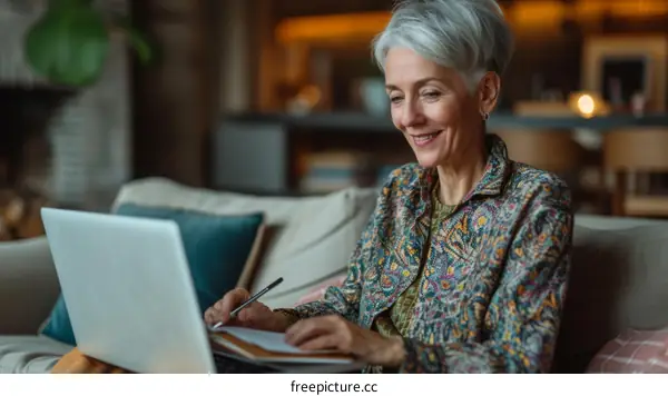 Smiling mature woman using laptop and taking notes