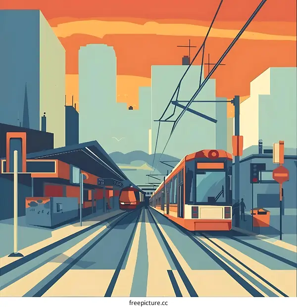Cityscape with Tram and Train Station