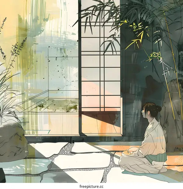 Woman Sitting in Traditional Japanese Garden