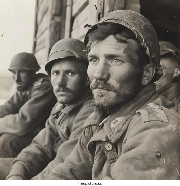 Three soldiers in a trench during World War I