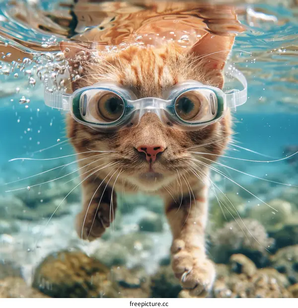 Cat Wearing Goggles While Swimming Underwater