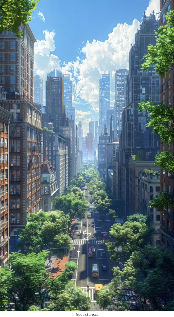 Urban Cityscape with Lush Green Trees and Buildings