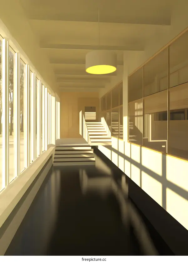 Modern Minimalist Interior Design of a Hallway with Staircase and Large Windows