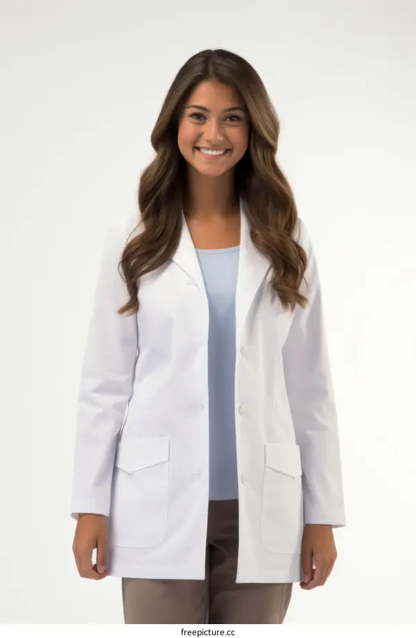 Young female doctor smiling wearing a lab coat