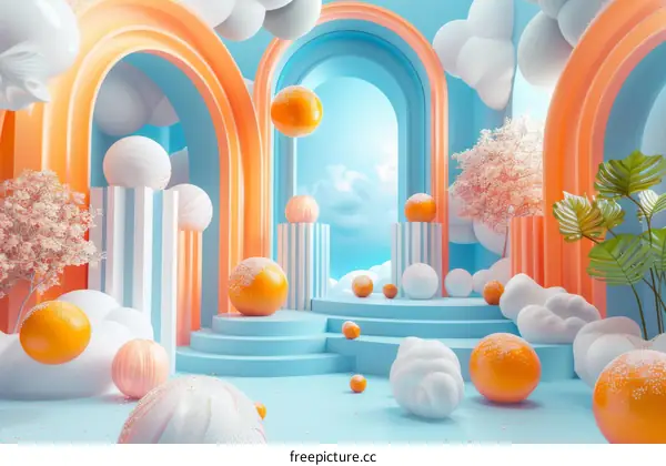 Abstract 3D Illustration with Orange Spheres and Arches