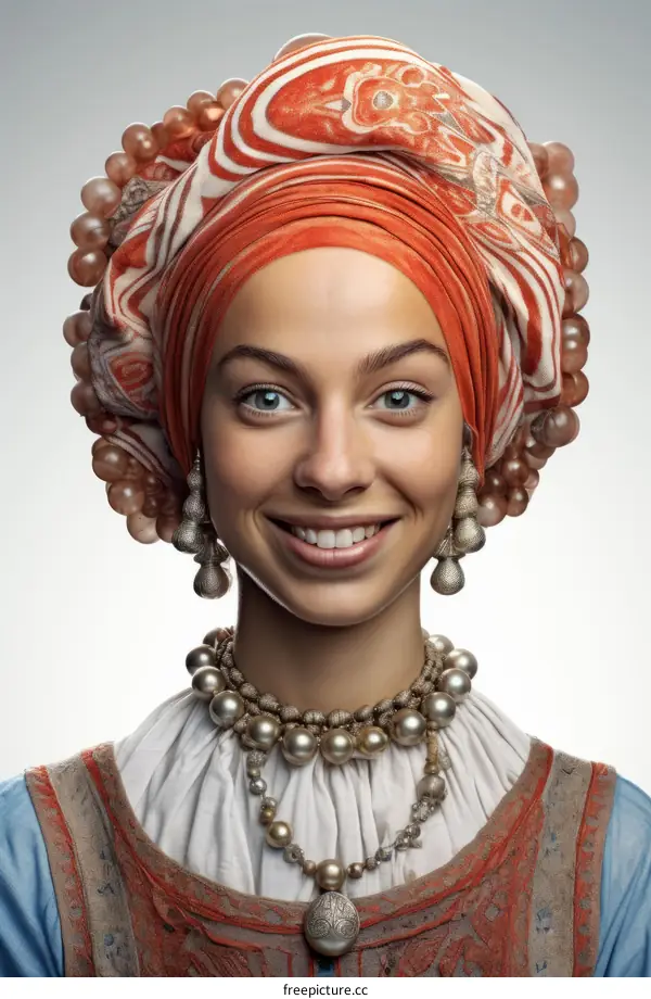 portrait of a smiling young woman wearing a traditional headdress