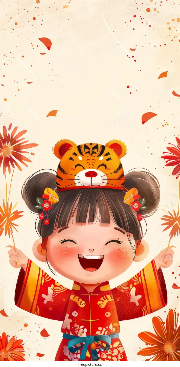 Cute Cartoon Girl Celebrating Chinese New Year in Tiger Hat