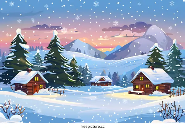 Snowy Winter Landscape with Wooden Houses