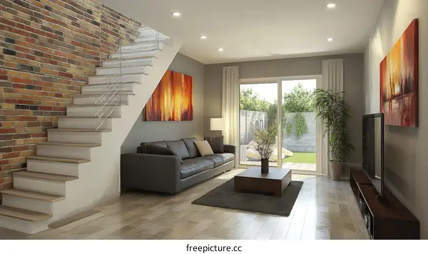 Modern Interior Design Living Room with Brick Wall and Stairs