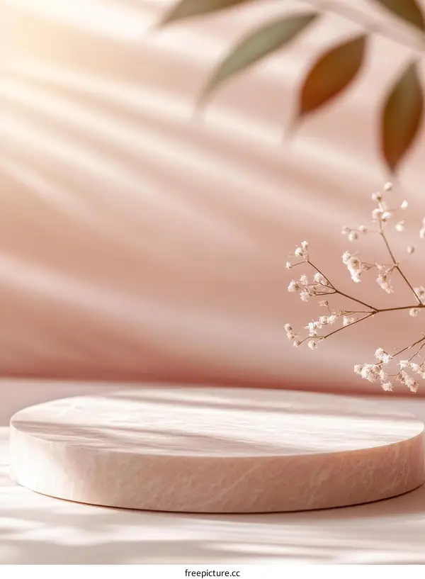 Elegant Minimalist Pastel Pink Display Platform with Soft Light and Branches