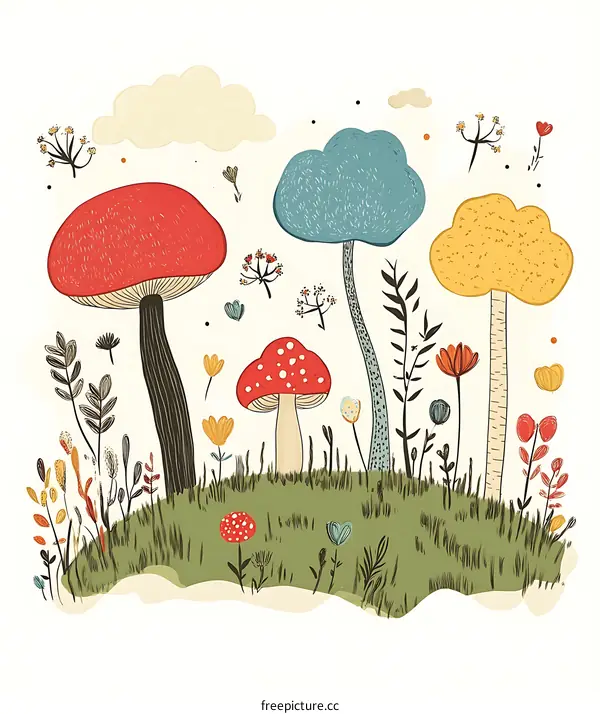 Colorful Mushroom Illustration With Green Grass and Clouds