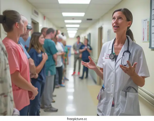 Female doctor talking to a group of people in a hospital hallway