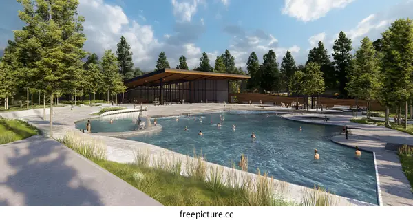 Outdoor Swimming Pool with Modern Building and People