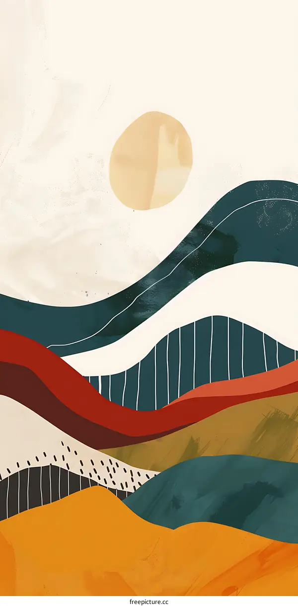 Abstract Landscape with Sun and Hills in Yellow, Red, Green, and Blue Colors