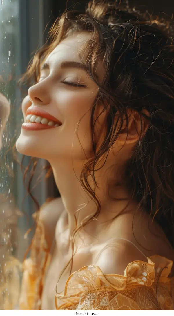 A Beautiful Woman in a Golden Dress by the Window