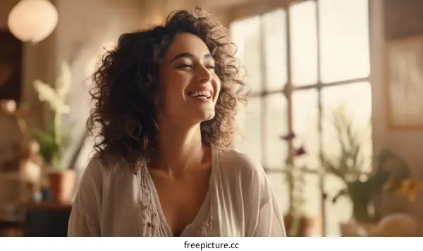 Portrait of a beautiful young woman with curly hair smiling