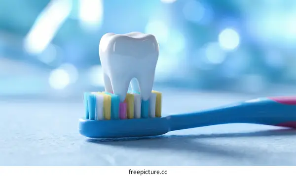 Toothbrush and Human Tooth on Blue Background for Oral Care