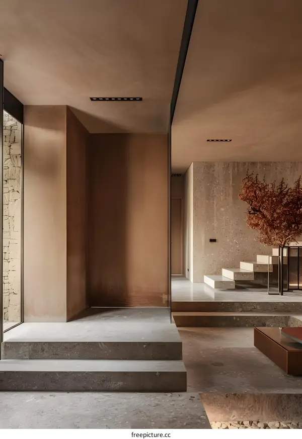 Modern Minimalist Interior Design with Stone Staircase and Terrazzo Floor