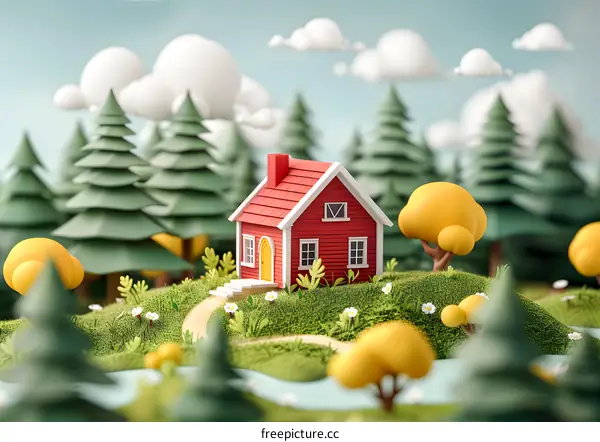 Small red house in the middle of green field and forest