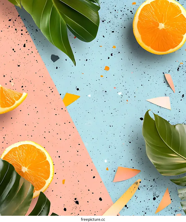 Tropical Summer Background With Orange Fruit and Green Leaves