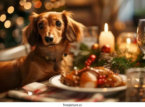 dachshund dog sitting at a table with a plate of food