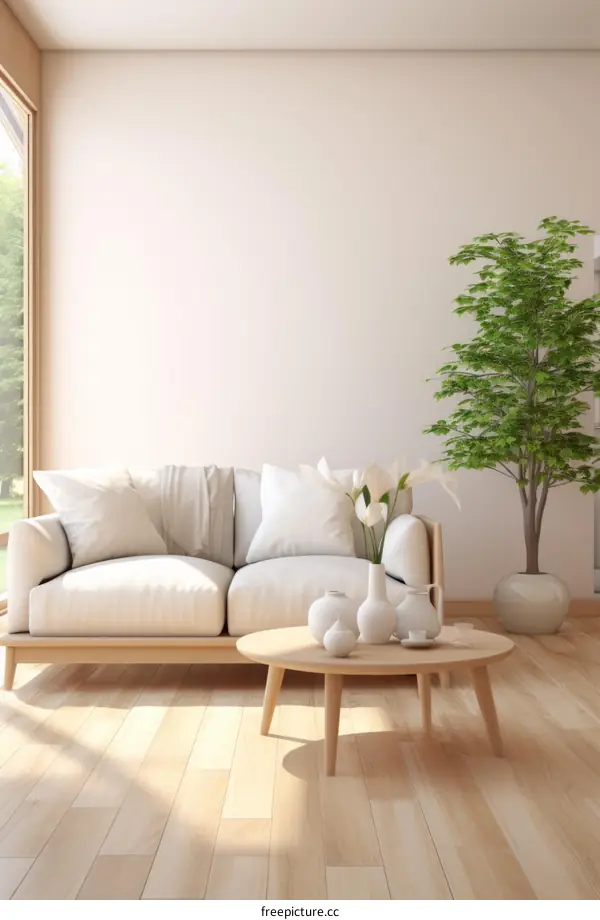 Airy and bright living room with white sofa and plants
