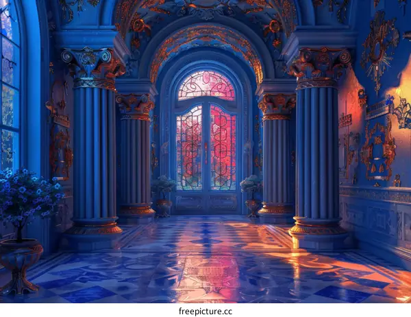 Golden Palace Hallway with Stained Glass Windows