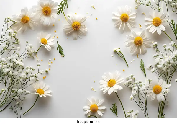 White daisies floral frame on white background