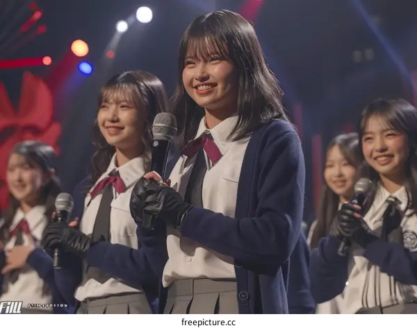 Four Japanese school girls in gray uniform singing on stage