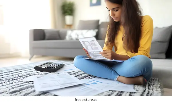 Young Woman Reviewing Financial Documents at Home