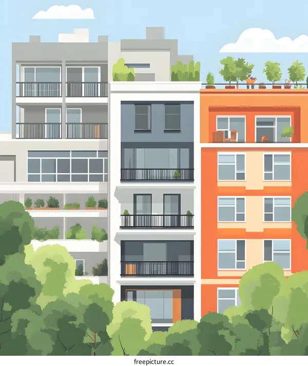 Modern Apartment Buildings with Green Roof and Balcony