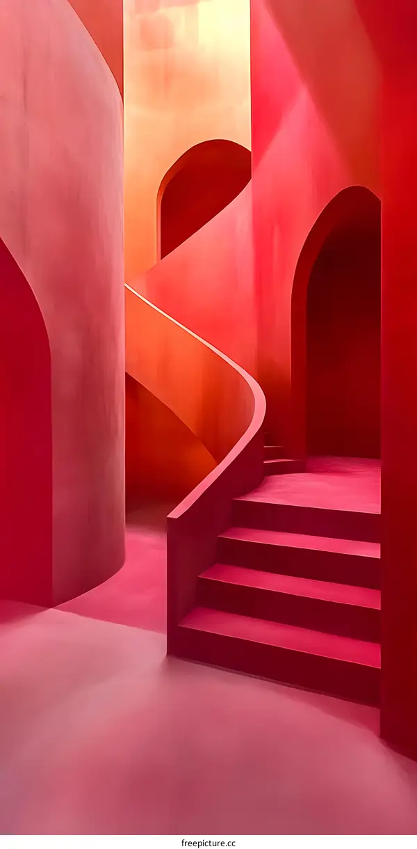 Red Staircase And Arched Interior Design