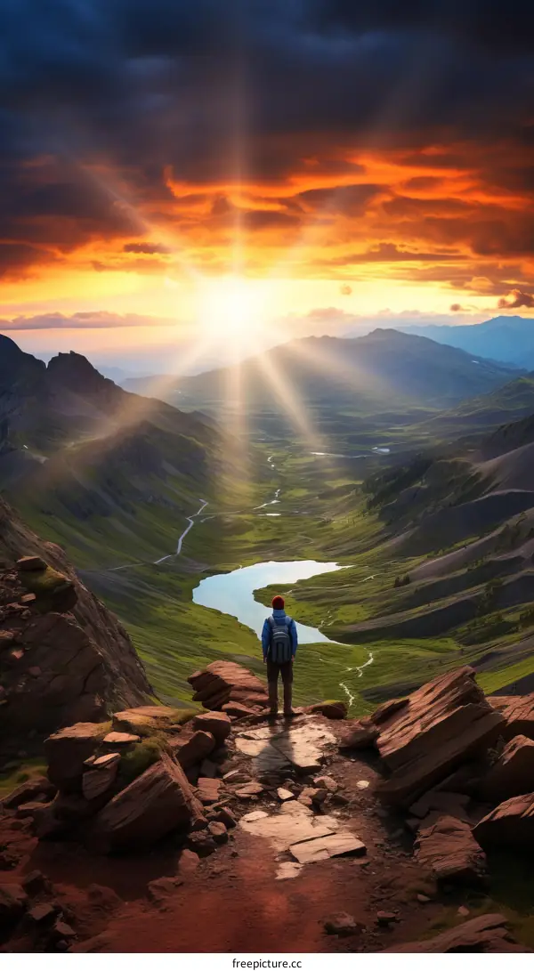 Man standing on a mountaintop overlooking a valley with a river and a lake
