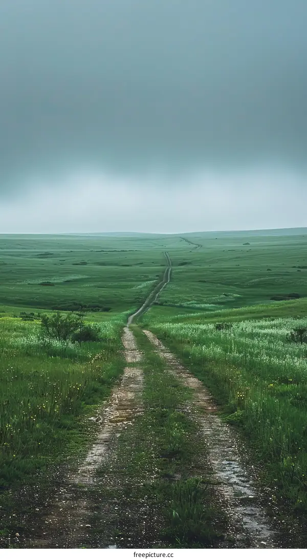 Country Road Through Lush Green Fields Under an Overcast Sky