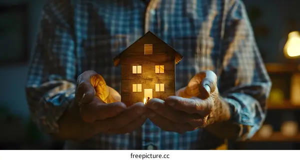 Glowing wooden house in hands