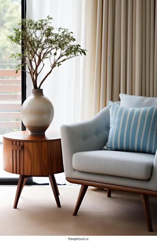 A Stylish Living Room With A Comfy Chair And A Plant
