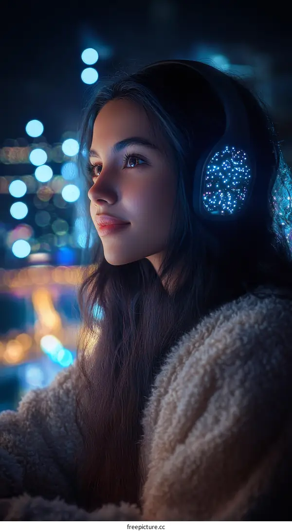 Beautiful Woman Wearing Stylish Headphones at Night