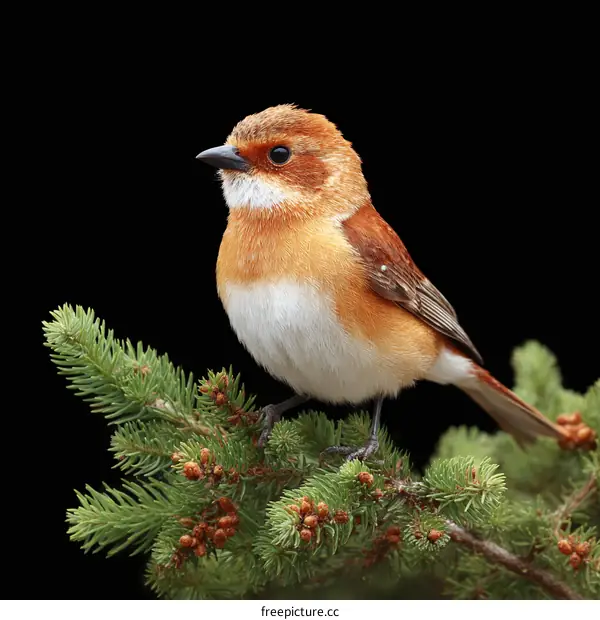 Close-up of a Beautiful Red-breasted Bird on a Fir Tree Branch