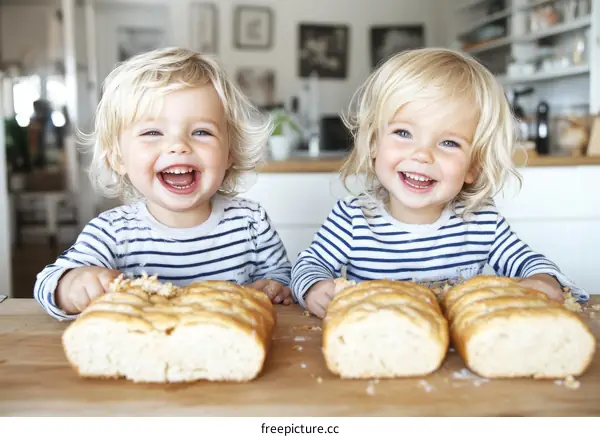 Two Caucasian Siblings Enjoying Bread