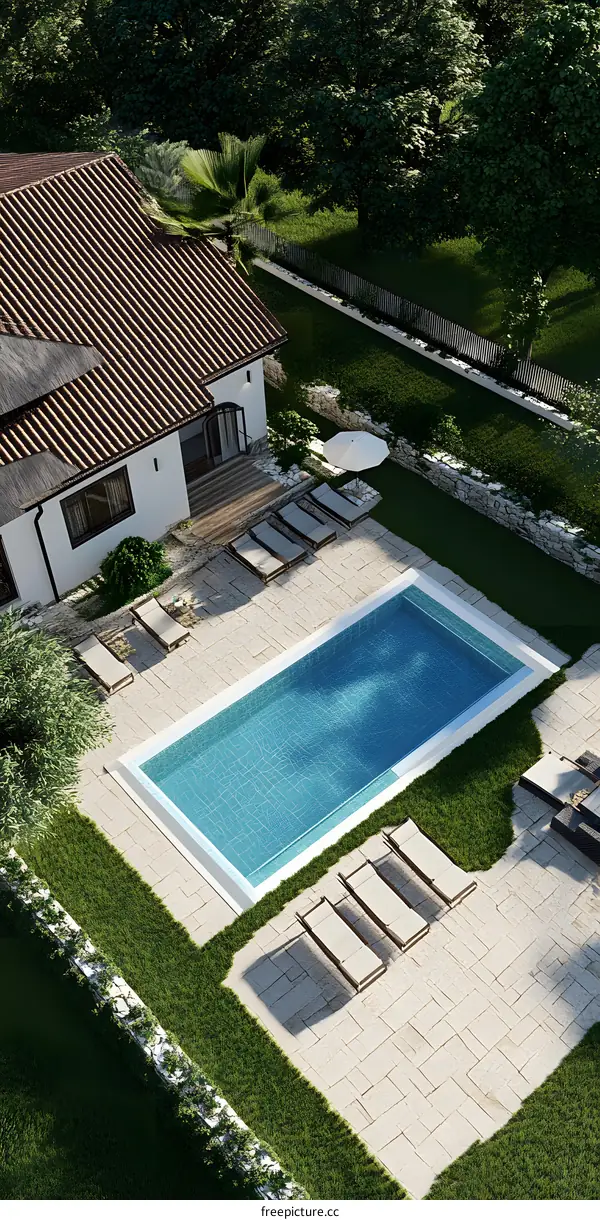 Aerial View of Swimming Pool and House with Palm Trees