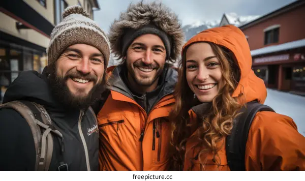 Three friends posing for a photo in the snow
