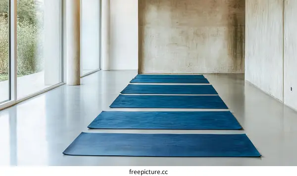 Yoga mats arranged in a modern studio