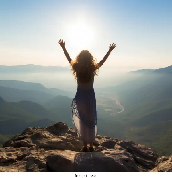 carefree woman on mountaintop at sunrise