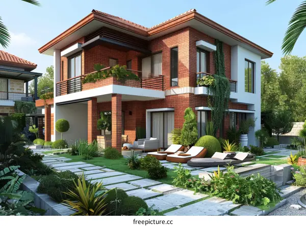 Modern Brick House Exterior Design with Lush Landscaping