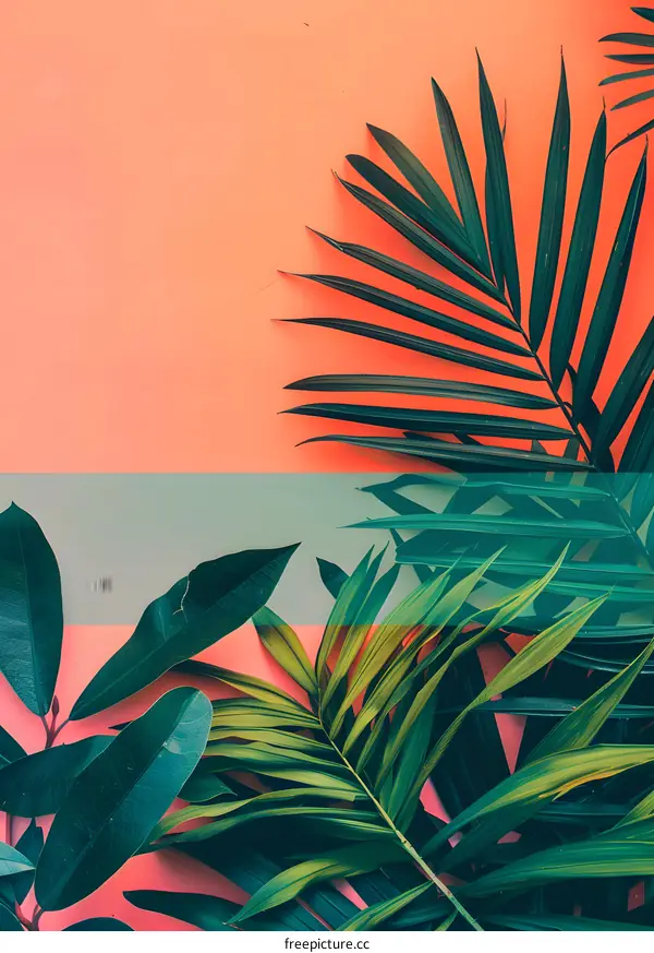 Tropical Leaves on a Pink and Green Background