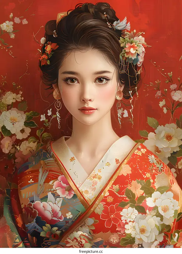 Portrait of a beautiful Asian woman in traditional Japanese kimono with red and white flowers in her hair