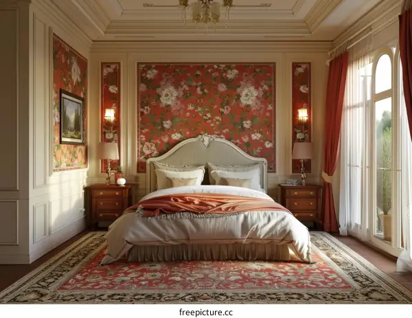 Luxurious European Bedroom with Bay Window and Sunlight