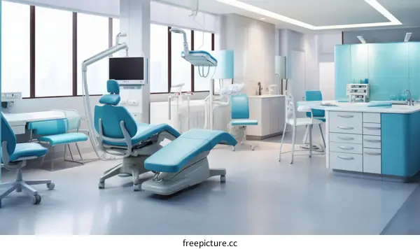 A modern dental clinic with a patient chair, dental tools, and a sink