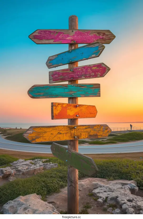 Wooden signpost with multiple blank colorful arrows pointing in different directions against a scenic sunset sky and road