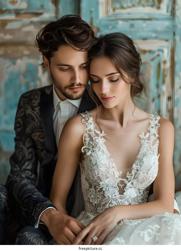 A beautiful bride and groom pose for a photo on their wedding day.